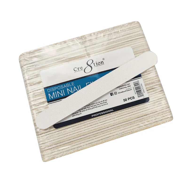 Cre8tion Disposable Mini Nail File Wood Center White, Grit 180/180, CASE (Pk: 100 packs/case)