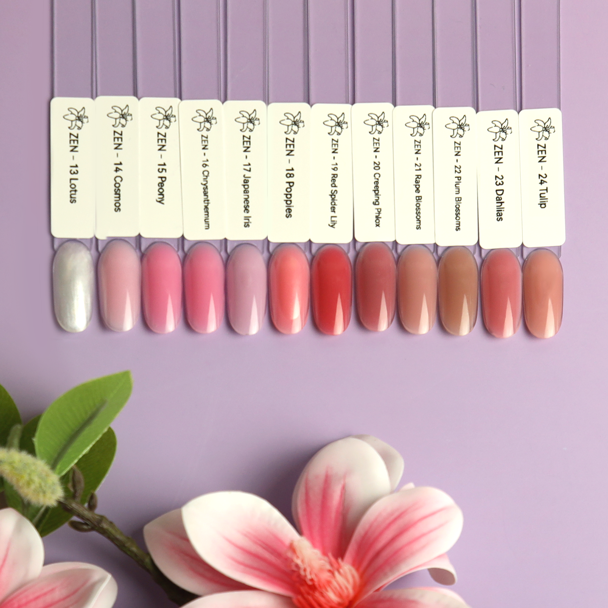 Showcasing the shades and color chart of Zen Builder Gel Winter Garden Collection – a professional builder gel set for nail enhancements, overlays, and extensions.